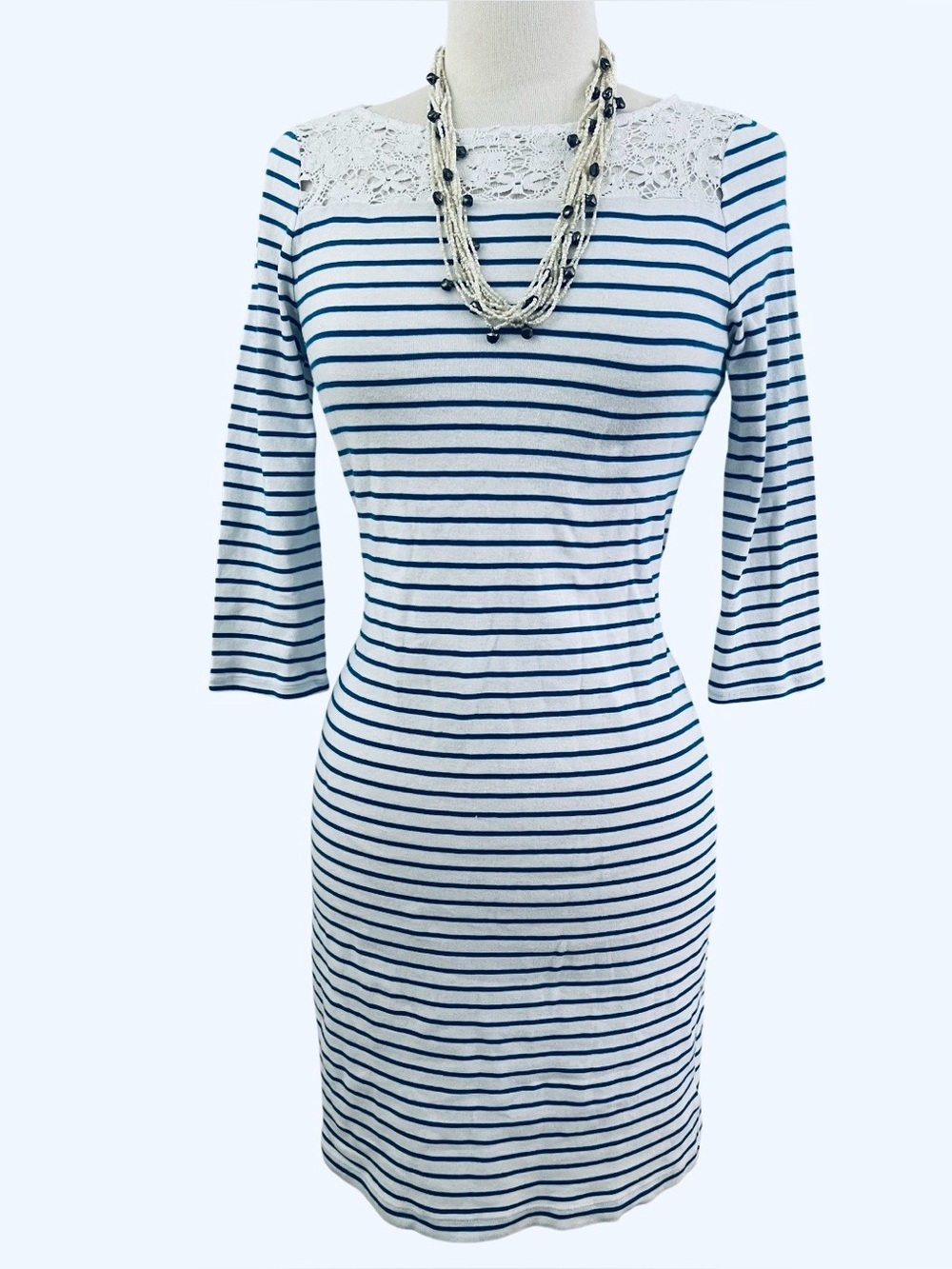 LAUREN RALPH LAUREN-Striped Lace Yoke Mini Dress in Navy and White